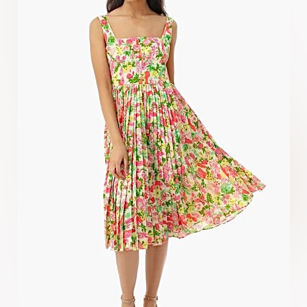 NWT Tuckernuck Fiora Floral Pleat Dress Midi Size 4 Small Colorful Garden Party